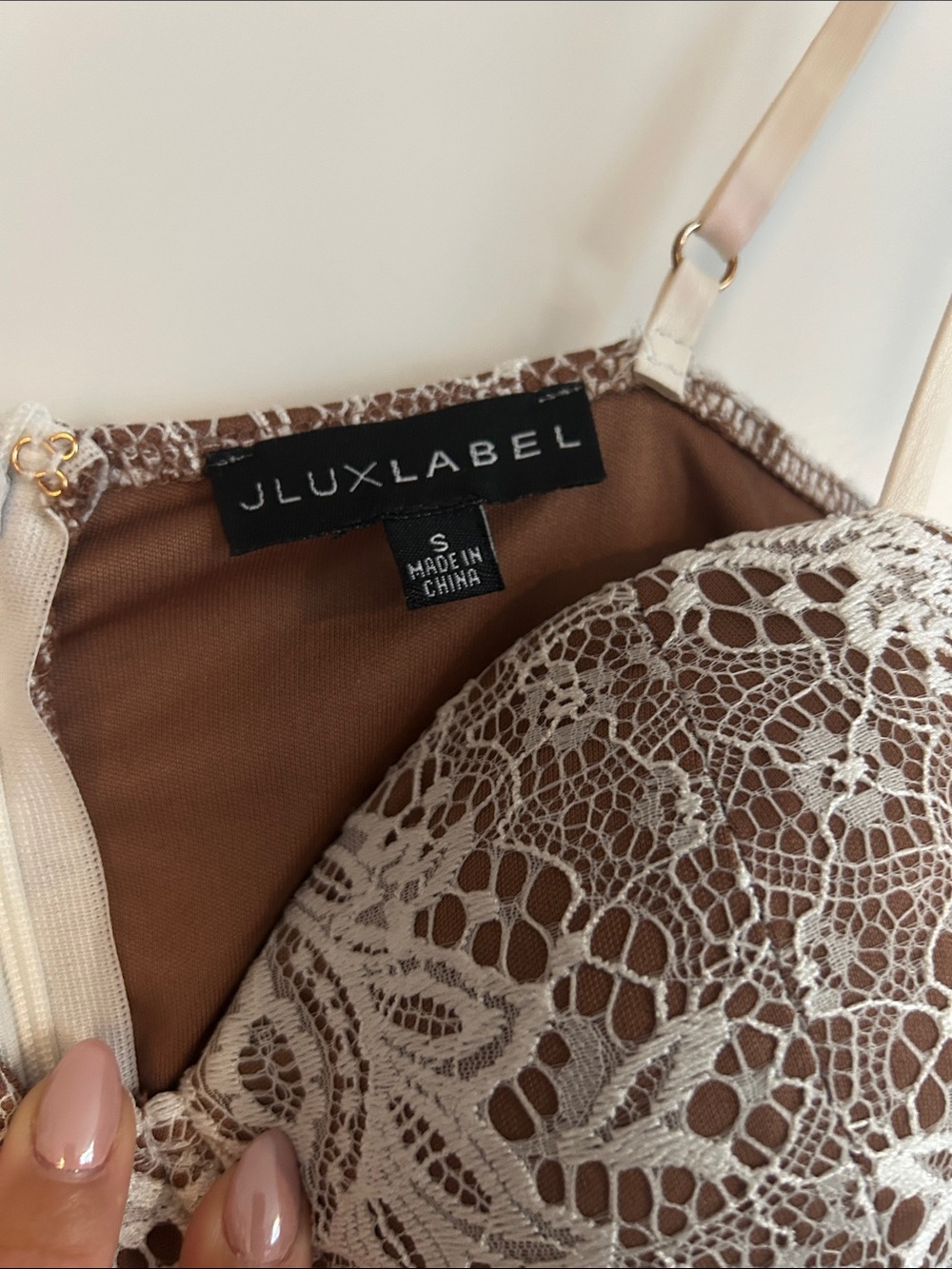 JLUXLABEL Taupe and Ivory Lace Strapless Bustier Dress - Picture 3 of 3